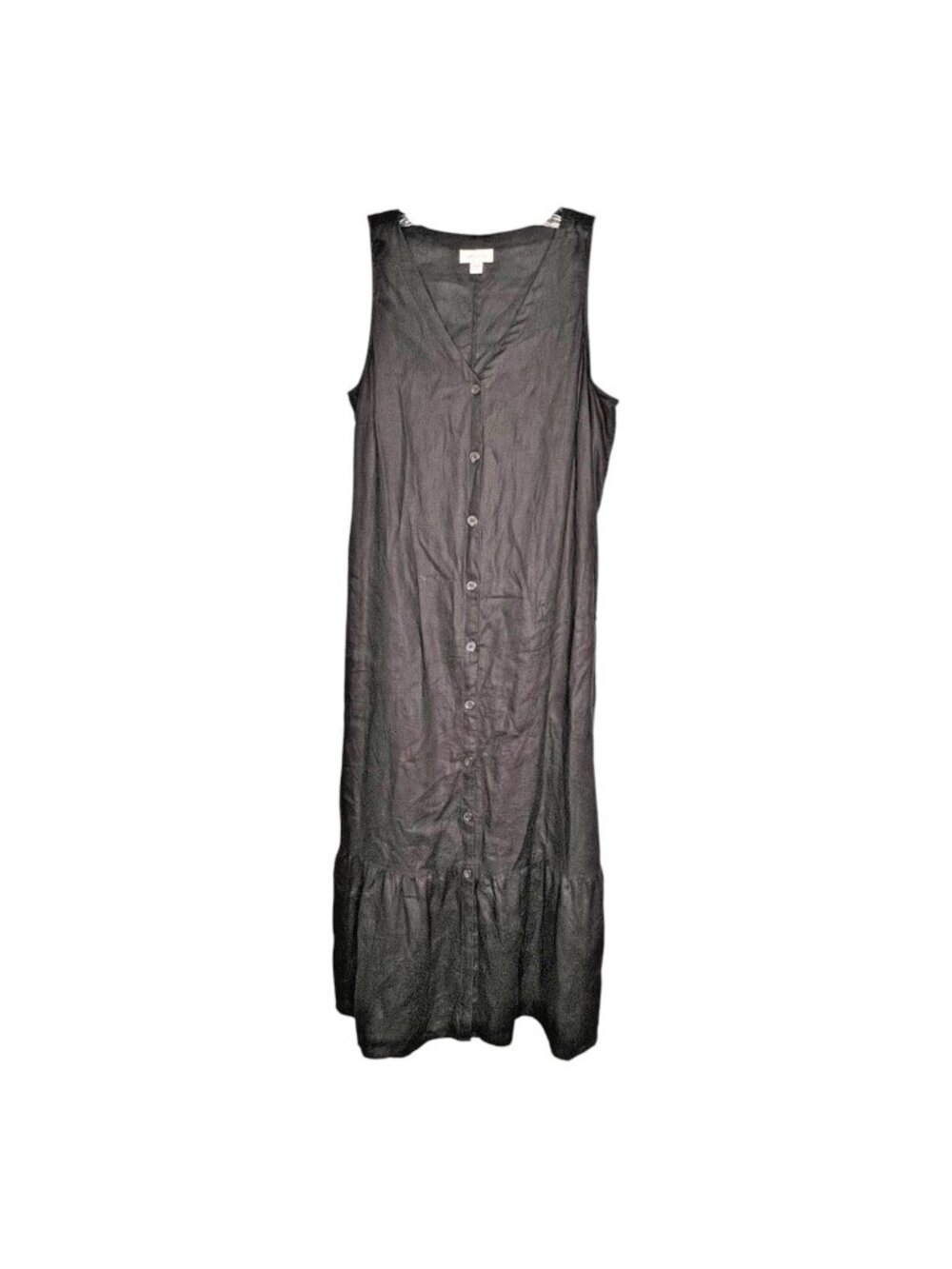 J Jill 100% Linen Maxi Dress Sz M Black Petite Buttons Ruffle Sleeveless V Neck